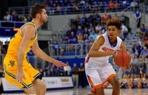 Florida Gator sophomore forward Devin Robinson dribbles in a win over Vermont- Florida Gators basketball- 1280x852