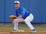 Florida Gators first baseman Peter Alonso gets set at first base in a win against Florida Gulf Coast University to start the season 2-0- Florida Gators baseball- 1280x852