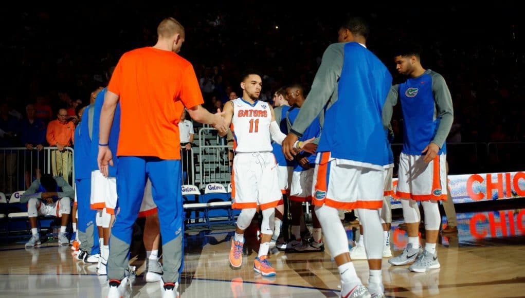 Florida Gators guard Chris Chiozza is introduced before the Florida Gators basketball game against the LSU Tigers- Florida Gators basketball- 1280x852