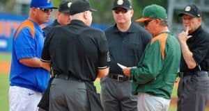 Florida Gators head baseball coach Kevin o'Sullivan meets with Miami Hurricanes head coach Jim Morris before the Canes and Gators game in 2015- Florida Gators baseball- 1280x852