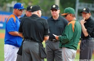 Florida Gators head baseball coach Kevin o'Sullivan meets with Miami Hurricanes head coach Jim Morris before the Canes and Gators game in 2015- Florida Gators baseball- 1280x852