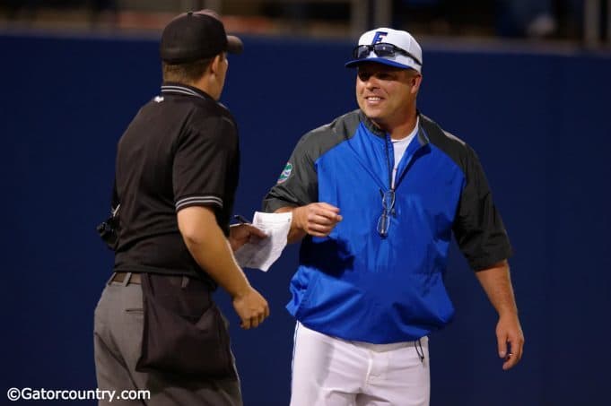Florida Gators head coach Kevin O'Sullivan comes out smiling in a win against Florida Gulf Coast University to start the season 2-0. February 20th, 2015- Florida Gators baseball- 1280x852