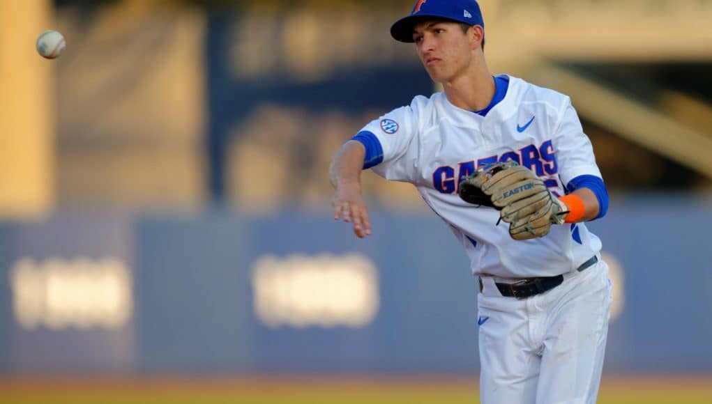 Florida Gators infielder Dalton Guthrie throws the ball home before the Florida Gators game against the Florida State Seminoles- Florida Gators baseball- 1280x852