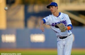 Florida Gators infielder Dalton Guthrie throws the ball home before the Florida Gators game against the Florida State Seminoles- Florida Gators baseball- 1280x852