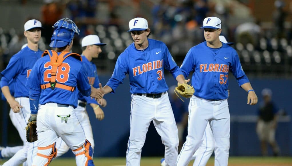 Florida Gators junior pitcher Frank Rubio celebrates the final out in an 8-4 win over Florida Gulf Coast University- Florida Gators baseball- 1280x852