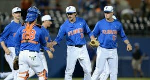 Florida Gators junior pitcher Frank Rubio celebrates the final out in an 8-4 win over Florida Gulf Coast University- Florida Gators baseball- 1280x852