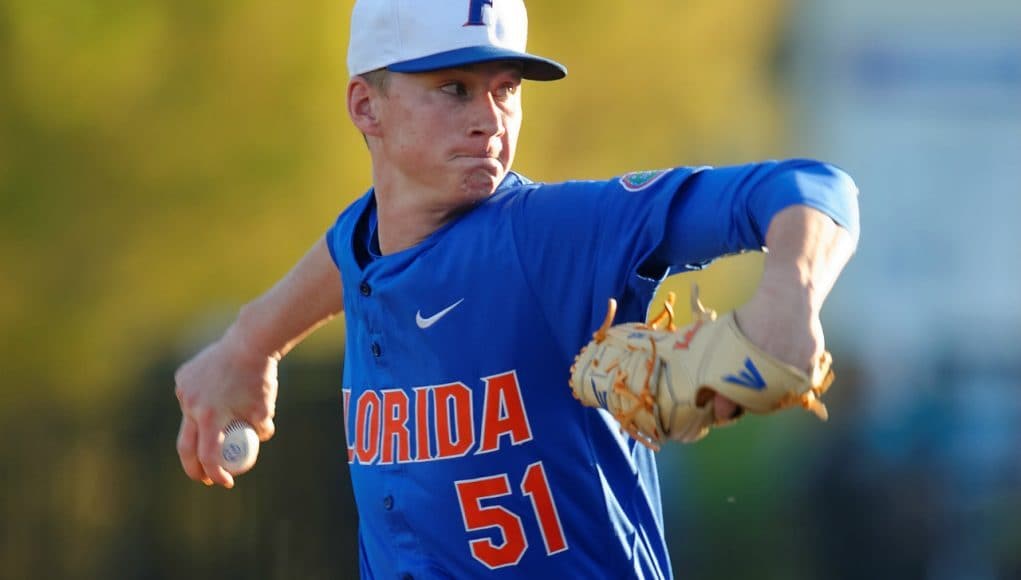 Florida Gators pitcher Brady Singer pitching in a win against Florida Gulf Coast University to start the season 2-0. February 20th, 2015- Florida Gators baseball- 1280x851