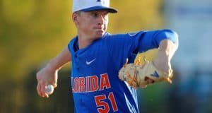 Florida Gators pitcher Brady Singer pitching in a win against Florida Gulf Coast University to start the season 2-0. February 20th, 2015- Florida Gators baseball- 1280x851