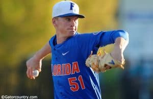 Florida Gators pitcher Brady Singer pitching in a win against Florida Gulf Coast University to start the season 2-0. February 20th, 2015- Florida Gators baseball- 1280x851