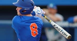 Florida Gators second baseman Deacon Liput singles in a win against Florida Gulf Coast University to start the season 2-0. February 20th, 2015- Florida Gators baseball- 1280x851