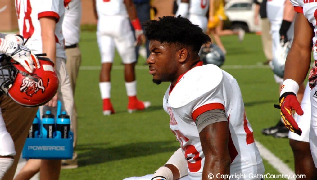 Running Back Lamical Perine rest during Alabama vs Mississippi All Star-Florida Gators Football