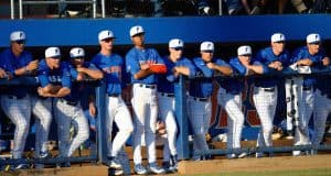 The Florida Gators watch on from the dugout in a win against Florida Gulf Coast University to start the season 2-0. February 20th, 2015- Florida Gators baseball- 1280x852