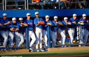 The Florida Gators watch on from the dugout in a win against Florida Gulf Coast University to start the season 2-0. February 20th, 2015- Florida Gators baseball- 1280x852