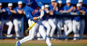 Florida Gators third baseman Jonathan India hitting in a win against Florida Gulf Coast University to start the season 2-0. February 20th, 2015- Florida Gators baseball- 1280x852