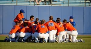 The University of Florida baseball team huddles up before its game against the Florida State Seminoles at McKethan Stadium- Florida Gators baseball- 1280x852
