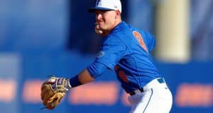 University of Florida freshman infielder Deacon Liput makes a play to first base in a win against Florida Gulf Coast- Florida Gators baseball- 1280x852