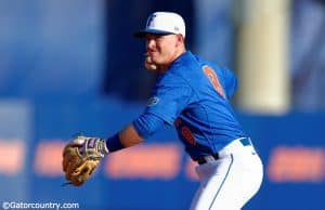 University of Florida freshman infielder Deacon Liput makes a play to first base in a win against Florida Gulf Coast- Florida Gators baseball- 1280x852