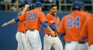 University of Florida freshman outfielder Nelson Maldonado is greeted by teammates after his home run against FSU- Florida Gators baseball-1280x852
