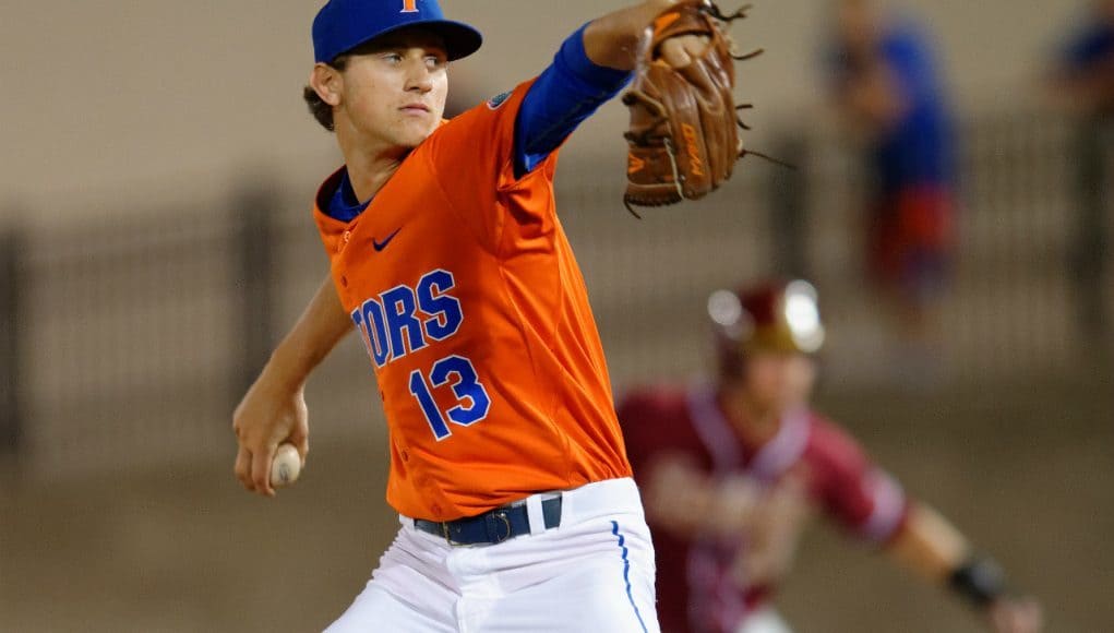 University of Florida freshman pitcher Jackson Kowar throws against Florida State- Florida Gators baseball- 1280x852