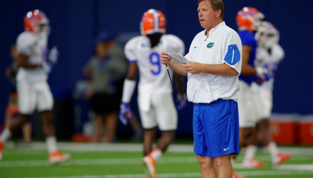 University of Florida head coach Jim McElwain watches over his football team during a practice inside Florida’s indoor practice facility- Florida Gators football- 1280x852
