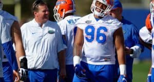 University of Florida head football coach Jim McElwain jokes with CeCe Jefferson during the Gators second spring practice- Florida Gators football- 1280x852