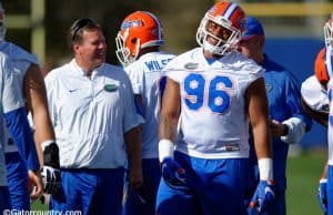 University of Florida head football coach Jim McElwain jokes with CeCe Jefferson during the Gators second spring practice- Florida Gators football- 1280x852