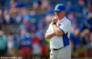 University of Florida offensive line coach Mike Summers watches his group warm up before playing Tennessee in 2015- Florida Gators football- 1280x852