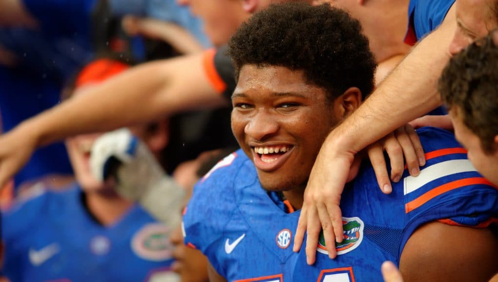 University of Florida offensive tackle Fred Johnson celebrates after the Florida Gators win over FAU in 2015- Florida Gators football- 1280x852