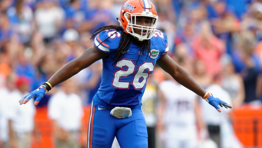 University of Florida safety Marcell Harris makes a call on defense against FAU- Florida Gators football- 1280x852