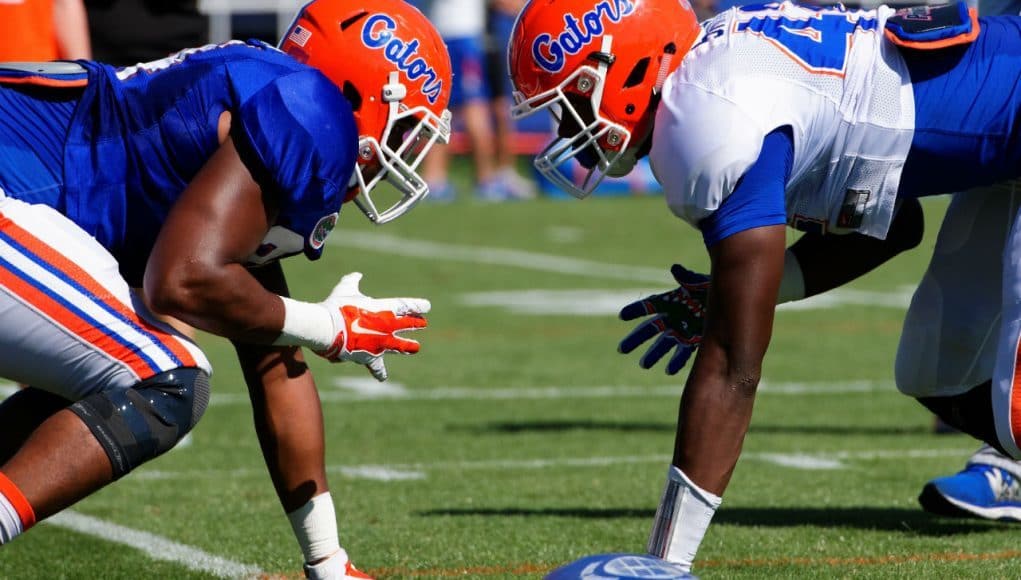 University of Florida tight end Cam Knight and freshman Jordan Smith line up during spring blocking drills- Florida Gators football- 1280x852