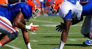 University of Florida tight end Cam Knight and freshman Jordan Smith line up during spring blocking drills- Florida Gators football- 1280x852
