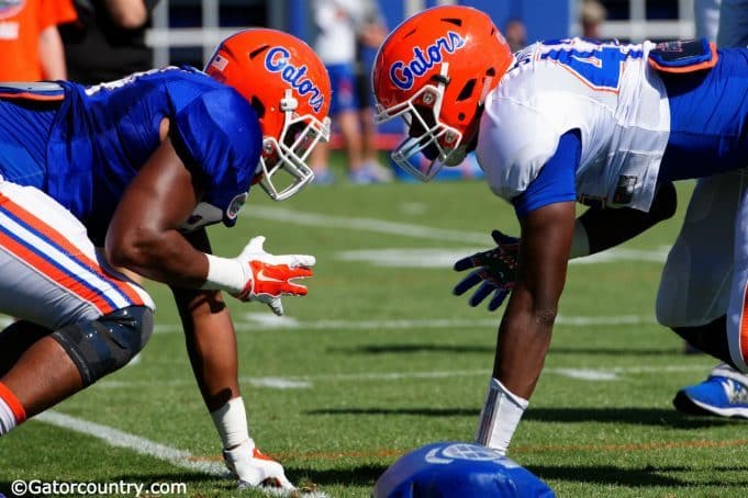 University of Florida tight end Cam Knight and freshman Jordan Smith line up during spring blocking drills- Florida Gators football- 1280x852