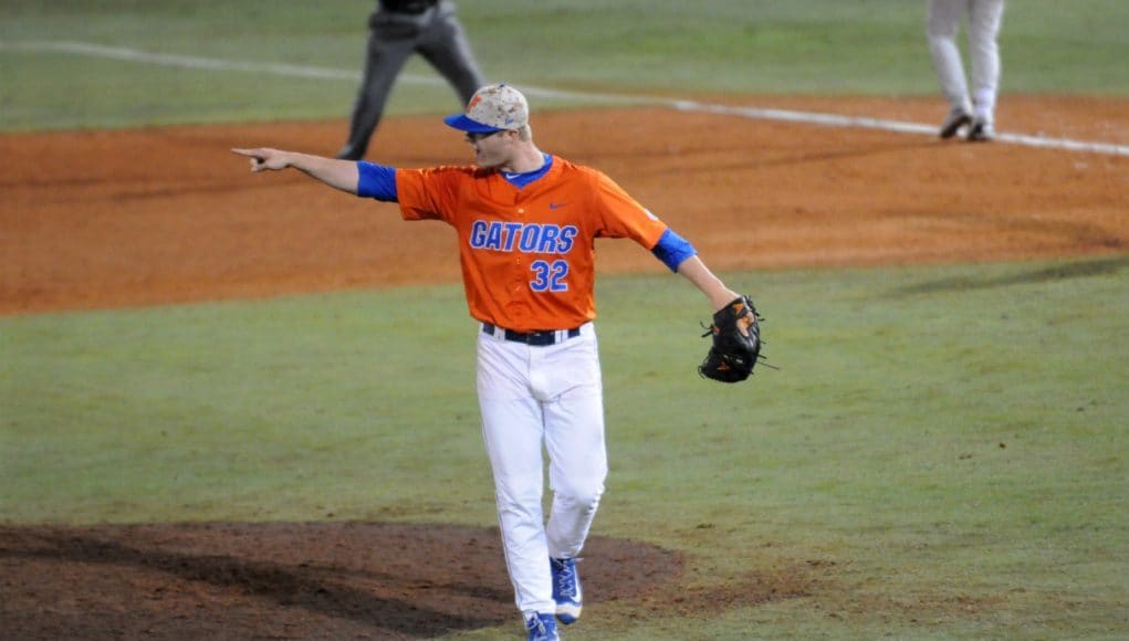 Logan Shore walks off the mound during his school record 13th consecutive win April 22nd vs. Georgia / Photo courtesy of Jordan McPherson / The Independent Florida Alligator