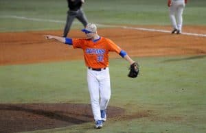 Logan Shore walks off the mound during his school record 13th consecutive win April 22nd vs. Georgia / Photo courtesy of Jordan McPherson / The Independent Florida Alligator