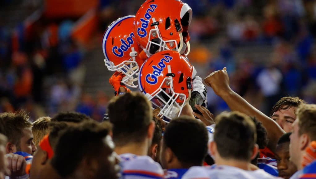 The Florida Gators football team gathers one last time after the 2016 Orange and Blue debut on Friday, April 8, 2016- Florida Gators football- 1280x852