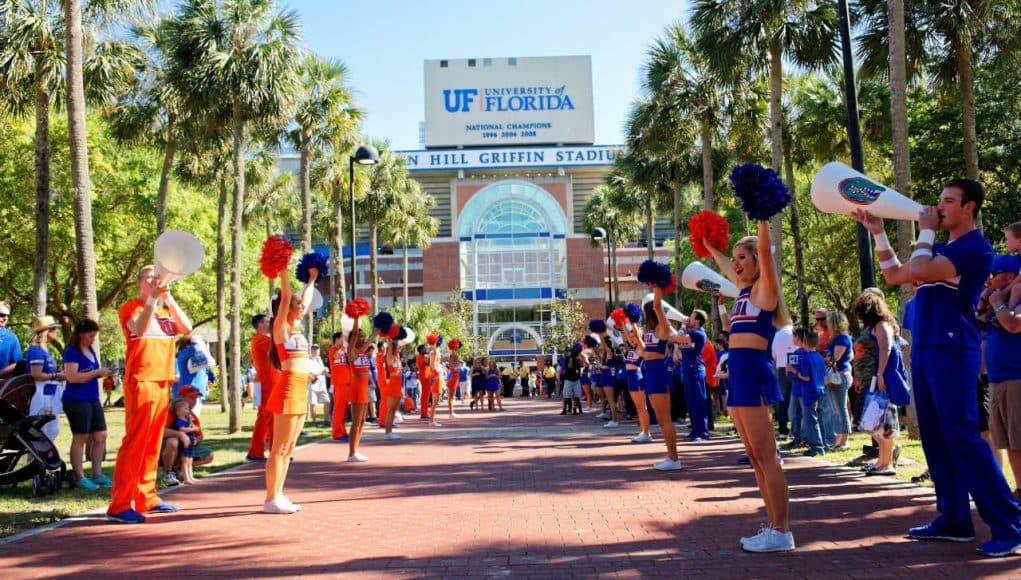 University of Florida cheerleaders line the way before the Florida Gators football team enters Ben Hill Griffin Stadium before the 2016 Orange and Blue Debut- Florida Gators football- 1280x854