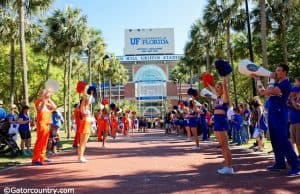 University of Florida cheerleaders line the way before the Florida Gators football team enters Ben Hill Griffin Stadium before the 2016 Orange and Blue Debut- Florida Gators football- 1280x854