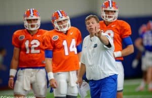 University of Florida head coach Jim McElwain works with the quarterbacks during spring camp- Florida Gators football- 1280x852