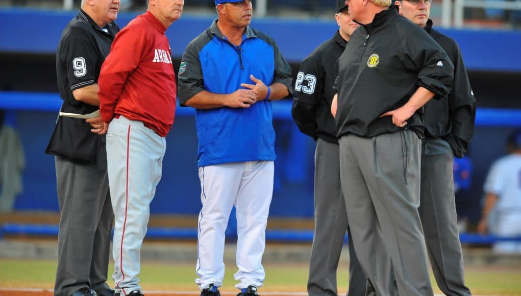 University of Florida head coach Kevin O’Sullivan meets with Arkansas Razorbacks head coach Dave Van Horn before Florida hosts Arkansas in 2013- Florida Gators baseball- 1280x852