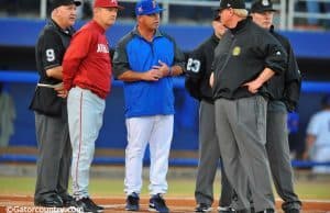 University of Florida head coach Kevin O’Sullivan meets with Arkansas Razorbacks head coach Dave Van Horn before Florida hosts Arkansas in 2013- Florida Gators baseball- 1280x852