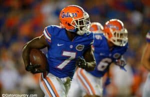 University of Florida junior cornerback Duke Dawson returns an interception for a touchdown in the Orange and Blue Debut on Friday, April 8, 2016- Florida Gators football- 1280x852