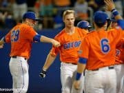 University of Florida junior first baseman Pete Alonso celebrates with teammates following his home run against Florida State- Florida Gators baseball- 1280x852