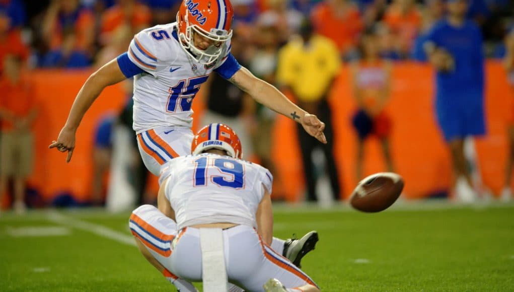 University of Florida kicker Eddy Pineiro attempts a field goal during the Orange and Blue Debut on Friday April 8, 2016- Florida Gators football- 1280x852