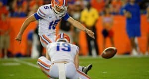 University of Florida kicker Eddy Pineiro attempts a field goal during the Orange and Blue Debut on Friday April 8, 2016- Florida Gators football- 1280x852