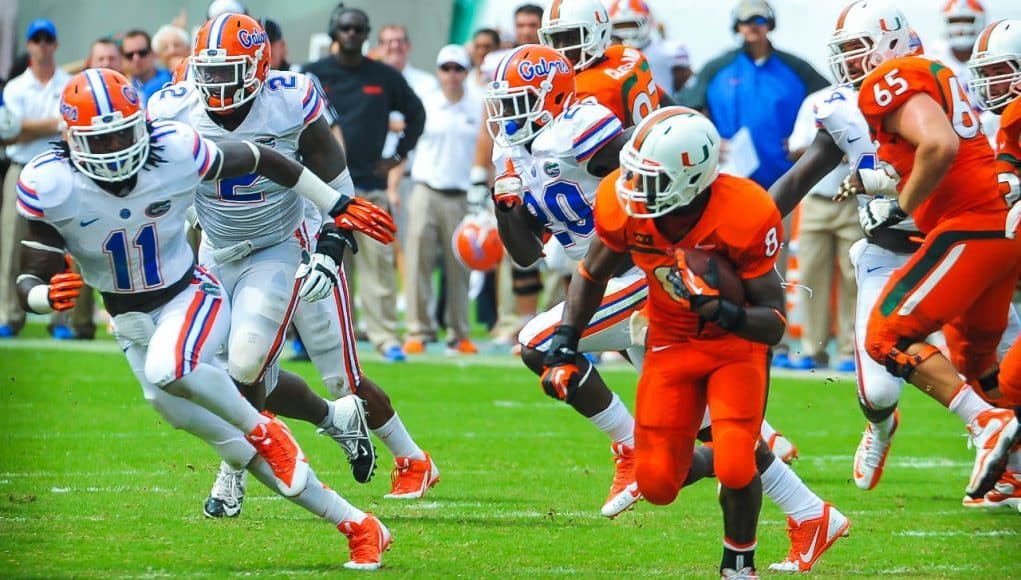 University of Florida linebacker Neiron Ball chases Miami Hurricane running back Duke Johnson during Florida’s loss at Miami on Saturday, September 7 2013- Florida Gators football 1280x849