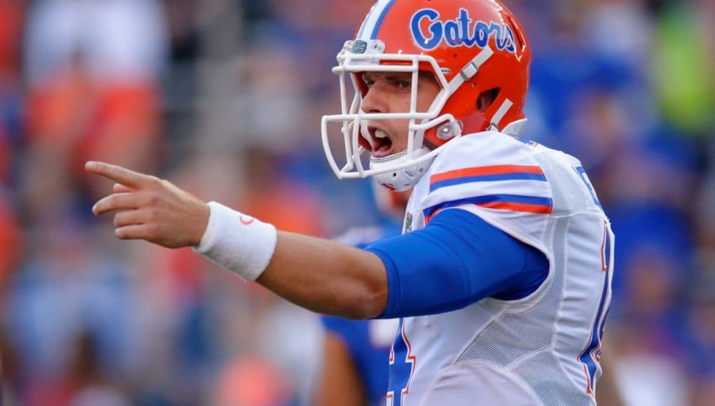 University of Florida quarterback Luke Del Rio makes a call at the line during the Orange and Blue Debut on Friday, April 8 2016- Florida Gators football- 1280x852