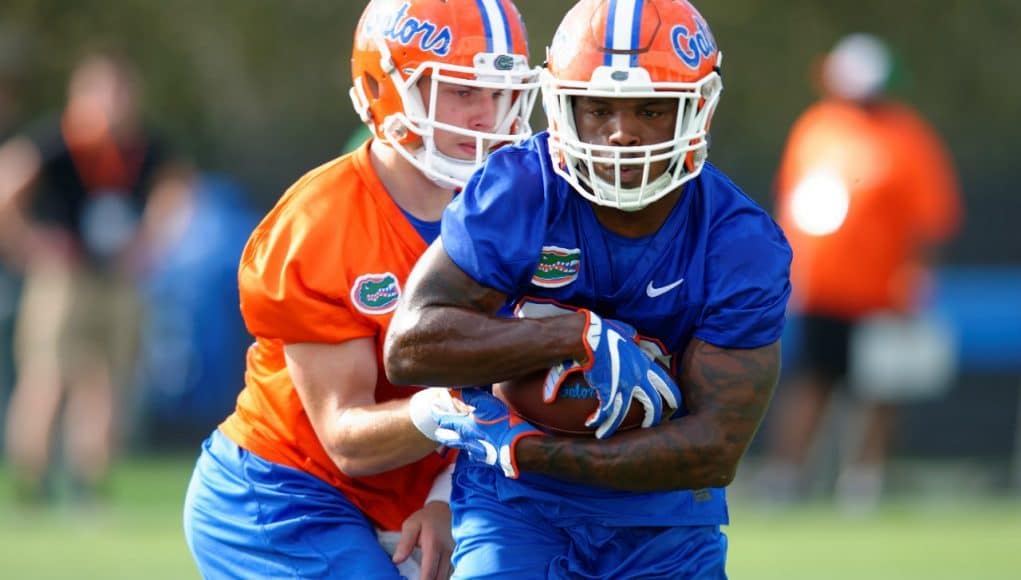 University of Florida running back Jordan Cronkrite takes a handoff from Luke Del Rio during spring camp- Florida Gators football- 1280x852