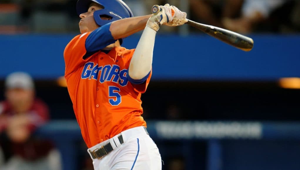 University of Florida shortstop Dalton Guthrie takes a swing against Florida State at McKethan Stadium in 2016- Florida Gators baseball- 1280x852