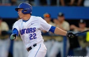 University of Florida catcher JJ Schwarz singles against the Vanderbilt Commodores at McKethan Stadium- Florida Gators baseball- 1280x852