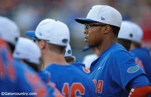 University of Florida center fielder Buddy Reed watches from the dugout as the Gators prepare to take on FGCU- Florida Gators baseball- 1280x852